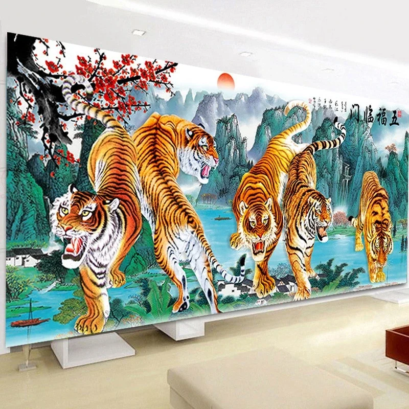 

DIY full Diamond Embroidery,Round Diamond Five Tigers Living room decoration rhinestone beads Diamond painting