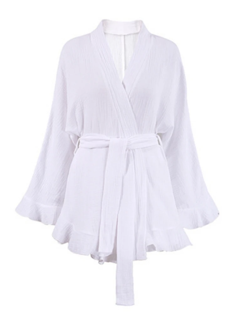 Top De manga larga, pantalones cortos holgados, conjuntos De 2 piezas, trajes para Mujer, Cinjunto De Dos blanco, conjunto De cinturón para Mujer, 2 Pièces Été
