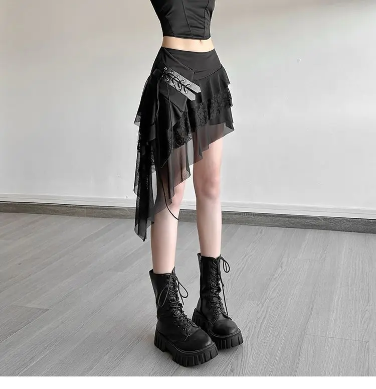 26SS Punk Lace Stitching Design Irregular Lace-up Skirt Women