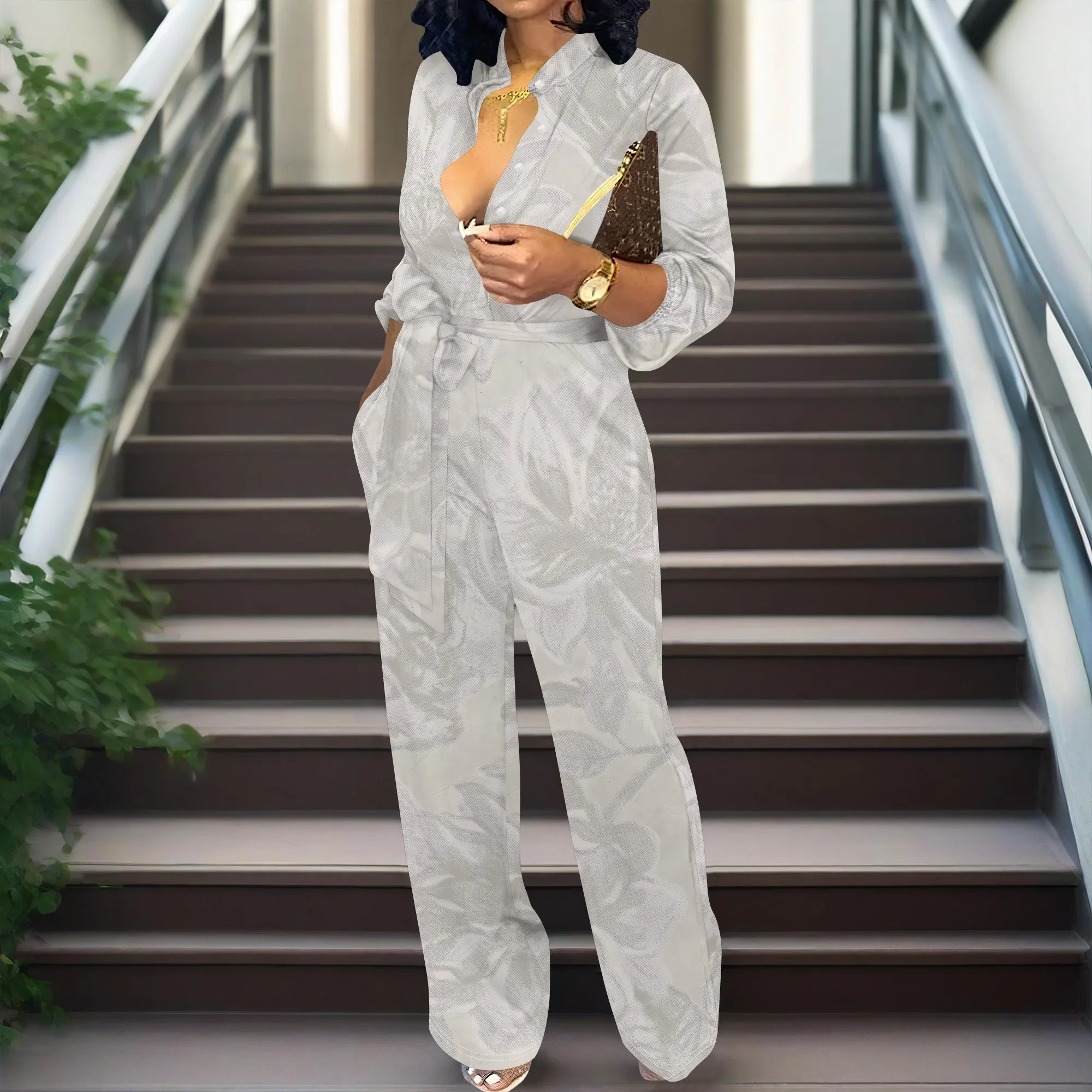 

Women’s Long Sleeve Solid Color Embossed Jumpsuit V Neck Elegant Belted Romper Office Daily Wear