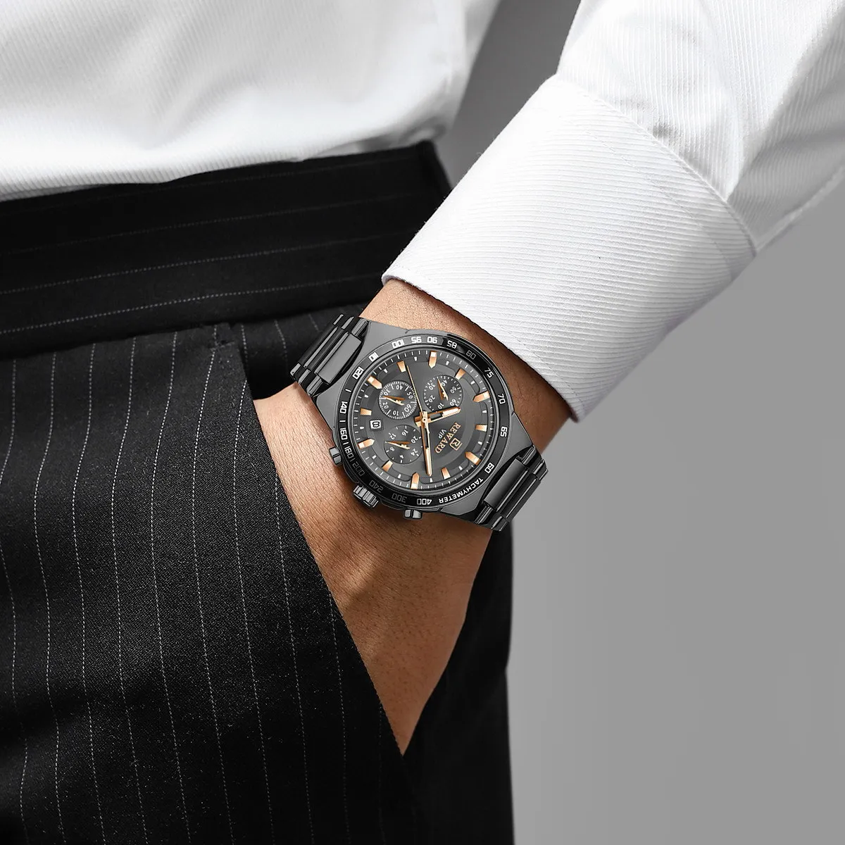 มัลติฟังก์ชั่กีฬาควอตซ์นาฬิกาผู้ชายสายสแตนเลสสามตาและหกมือโครโนกราฟผู้ชายนาฬิกากันน้ํา