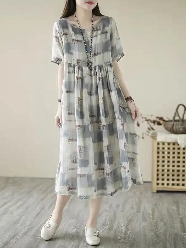 

Casual Stripe Print round Neck Dress plus Size Women's Summer Fashion Slimming A-Line Skirt Long Sleeve Casual Inner Wear