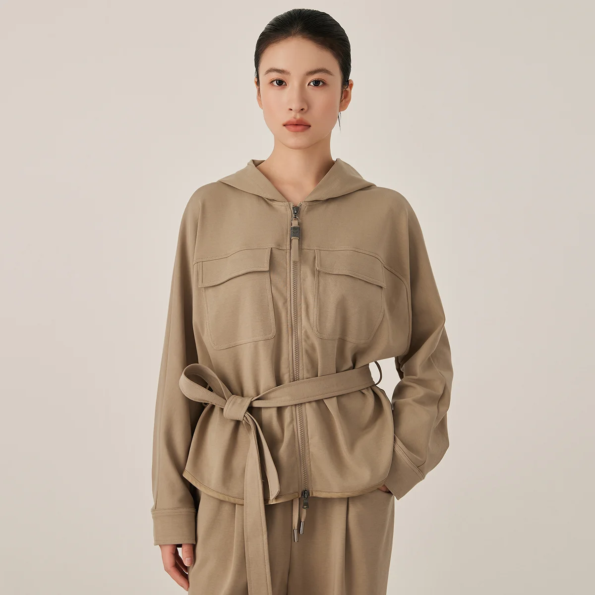 

KL7523370 Women's Casual Hooded Zip-Up Cotton Blend Jacket Long Sleeved with Belt Athletic Style Fall Clothing