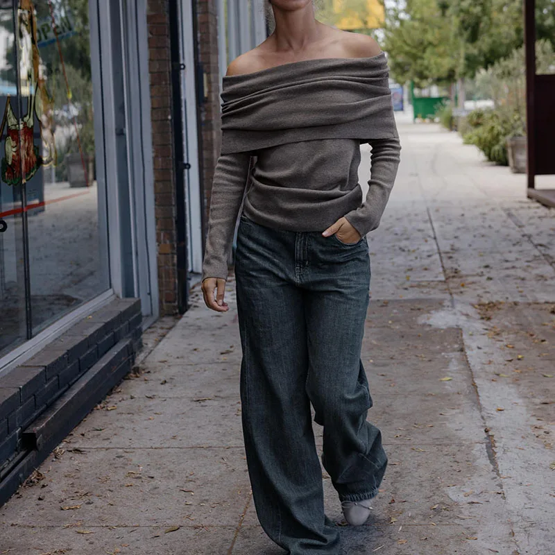 2025年秋の新作、若い女性向けのニットチューブトップ、折りたたみ式スリムフィットロングスリーブファッション