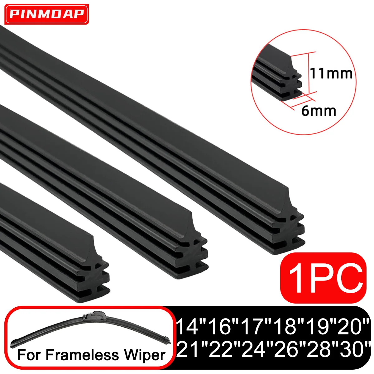 PINMOAP Wischer-Naturkautschukstreifen ist geeignet für 6 mm rahmenlose Wischer-Ersatzstreifen 14"16"17"18"19"20"21"22"24"26"28"30"