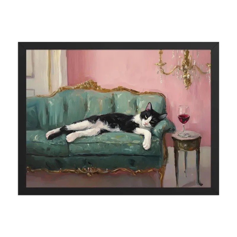

Tuxedo Cat with Red Wine Frameless Canvas Wall Art Print Decor | Cocktail Art Bar Decor | Fine Art Gift | Trendy Home Wall Art