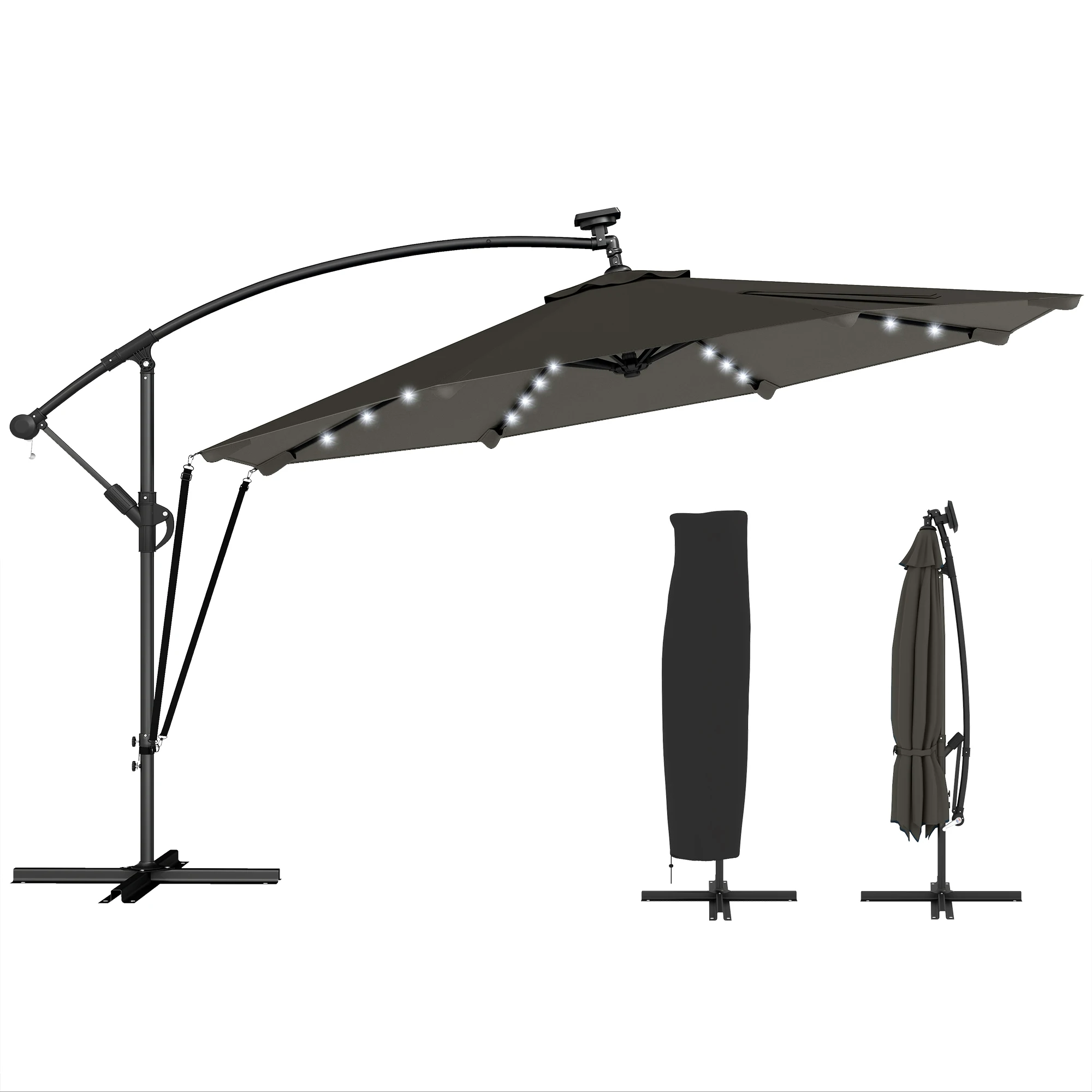 Outsunny Parasol Excéntrico de Aluminio con Luces LED Base Cruzada Ø345 cm Gris