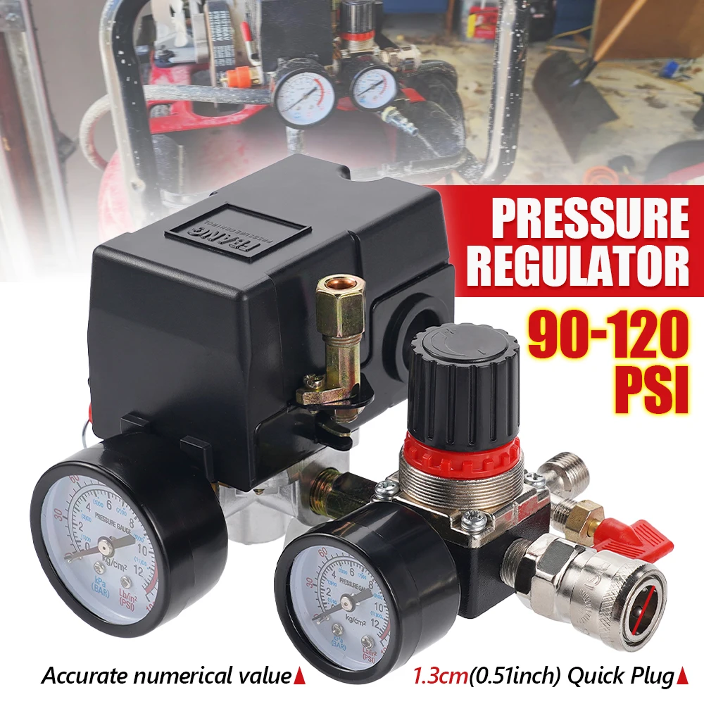 

New 90-120PSI Air Compressor Pressure Switch Valve 4 Port Manifold Regulator Gauges 220V Aluminum Control Safety Valve