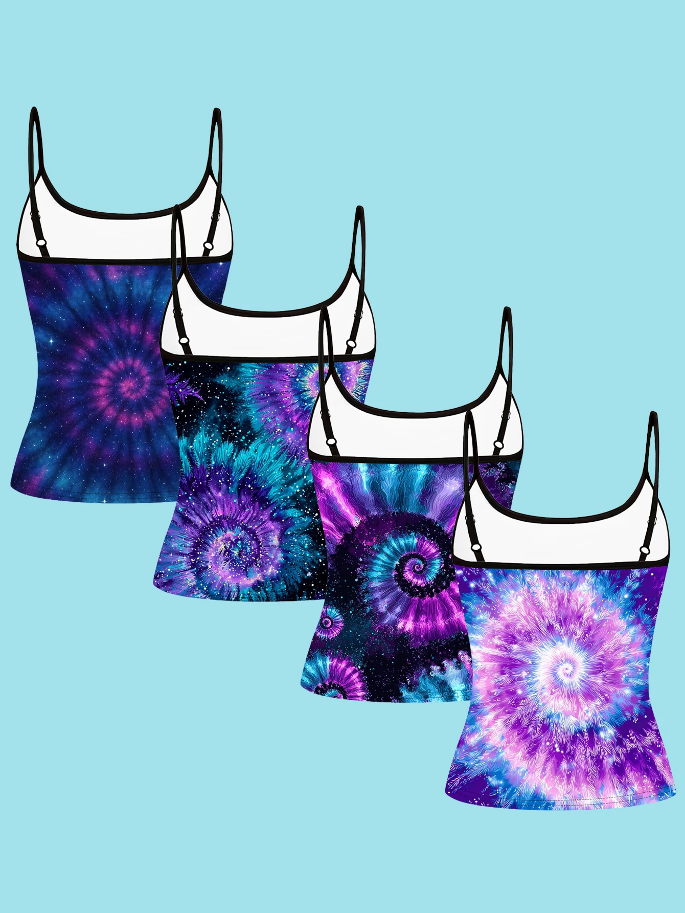 4-Piece Set of Women's Purple and Blue Neon Tie-Dye Spiral Print Camisoles, Hippie Swirl Starry Sky Slim-Fit Spaghetti Strap Inner Tops