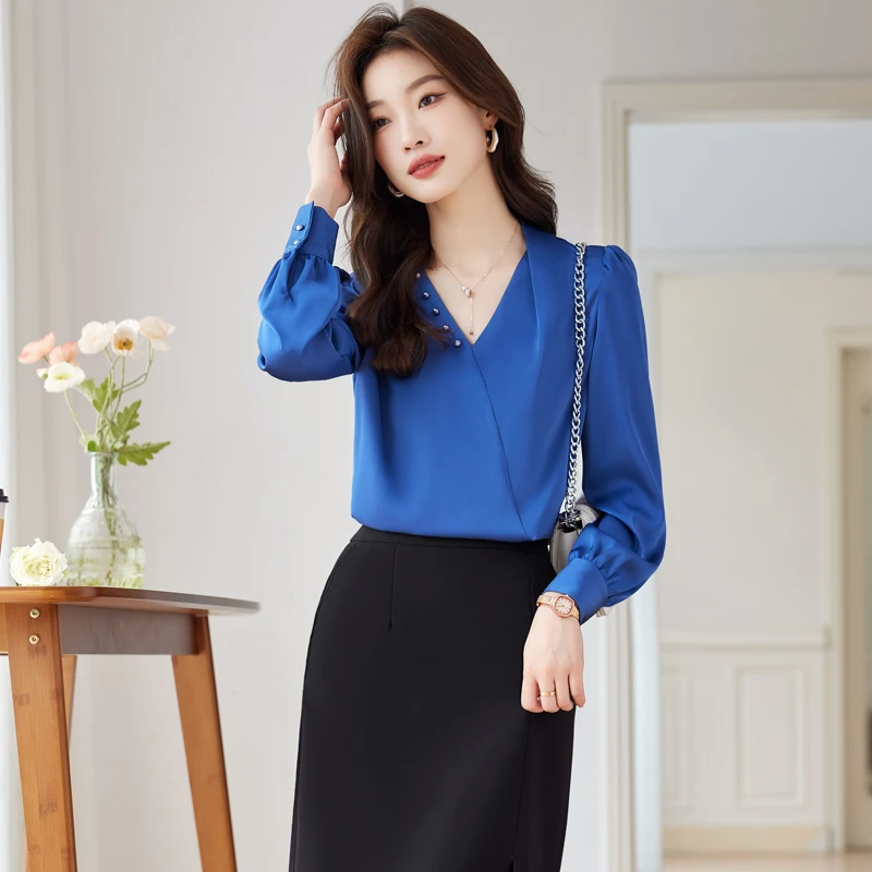 Lenshin New Fabric High-quality Smooth and Soft V-Neck Shirt for Women Blouse Elegant Tops Long Sleeve Office Lady Work Wear