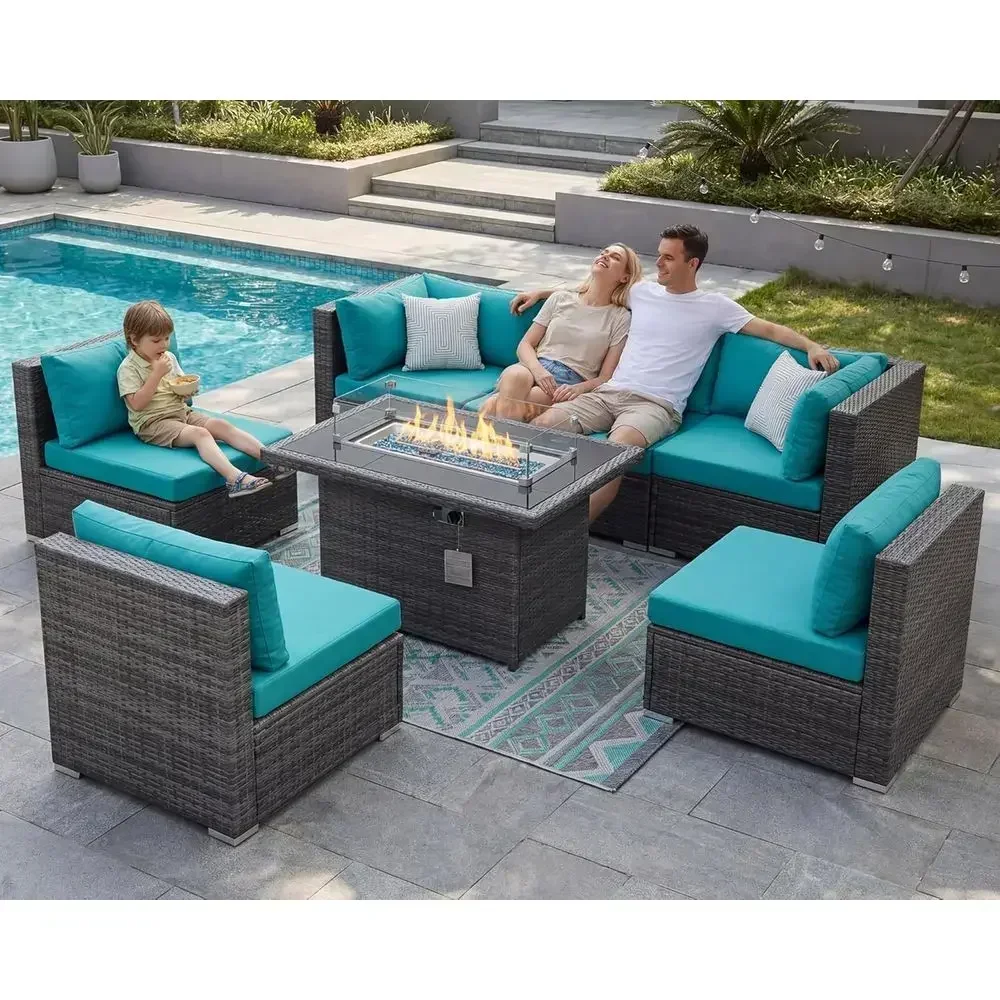 7-Piece Large Outdoor Patio Furniture Set with Propane Fire Pit, High-Back Wicker Sectional Sofas, Deep Seating, Turquoise