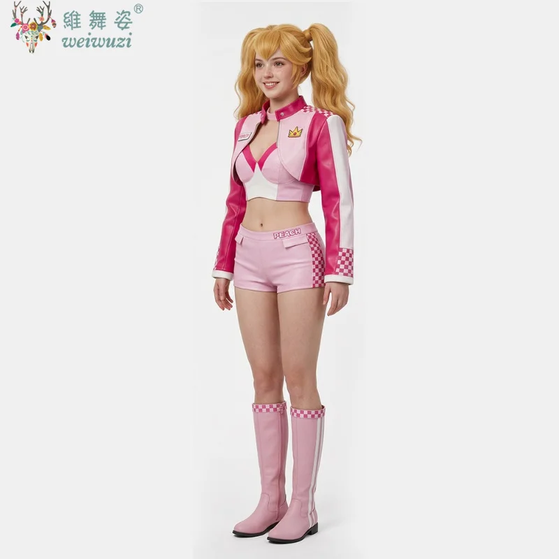 Halloween Princess Peach Cosplay Pink Motorcycle Racing Sets Woman Slim Crop Tops+Shorts Tracksuits Carnival Party Anime Outfit view 3