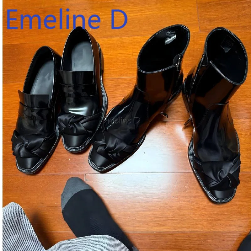 Bow Tie Tied Chelsea Boots Fashionable Retro Silk Shiny Leather Splicing Side Zipper Design Simple Style Mid Heel Short Boots