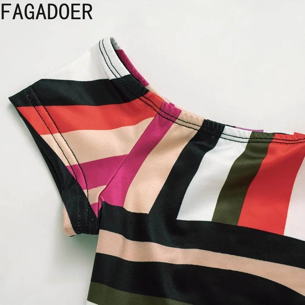 FAGADOER Sexy Colorful Stripes Print Off Shoulder Bodycon One Pieces Rompers Women Backless Short Sleeve Slim Jumpsuits 2024 New