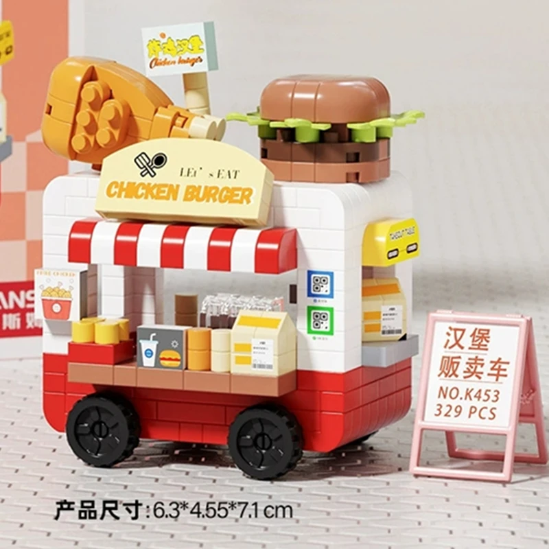 Fai da te auto cibo hot dog carrello camion negozio di gelati fiore hamburger street view kit di blocchi di costruzione mattoni modello giocattolo per bambini bambini
