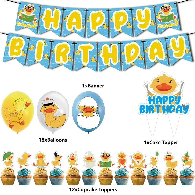 Cartoon Cute duck Happy Birthday Banner Party Latex Balloon Decoration Cupcake Topper Toy Baby Shower Gift