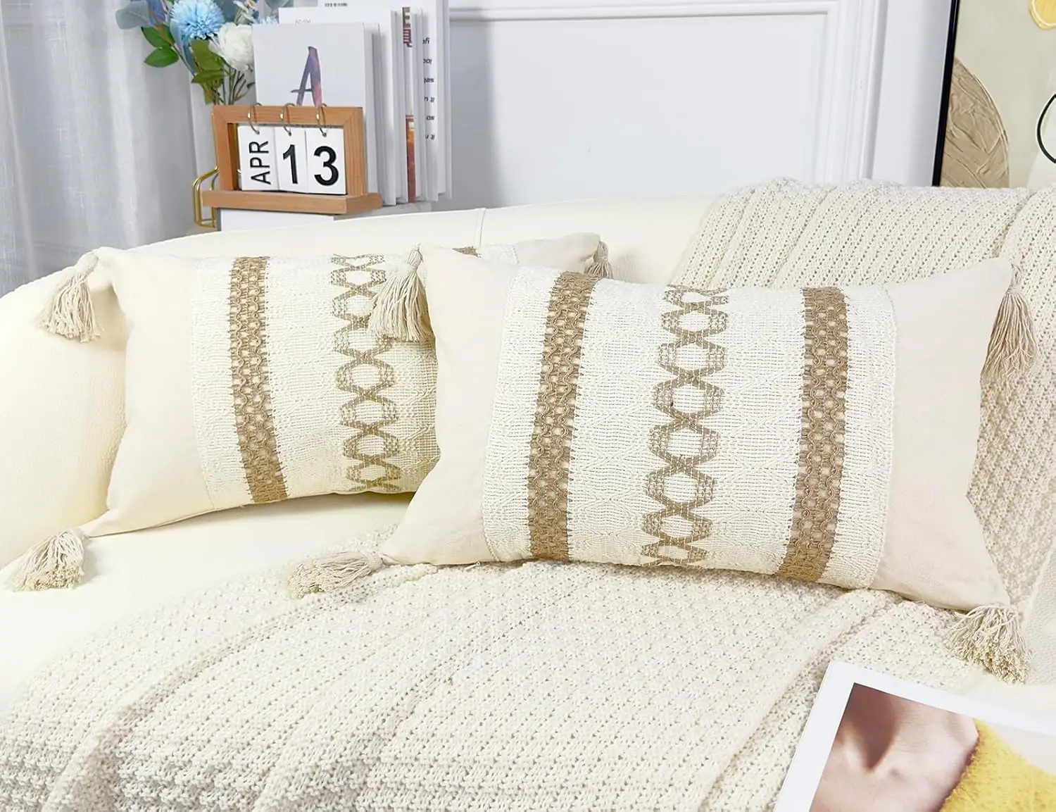 

Boho Lumbar Pillow Covers 12X20,Cute Pillow Cover With Tassels,Neutral Cushion Cover Striped Accent Decorative Pillow Case For