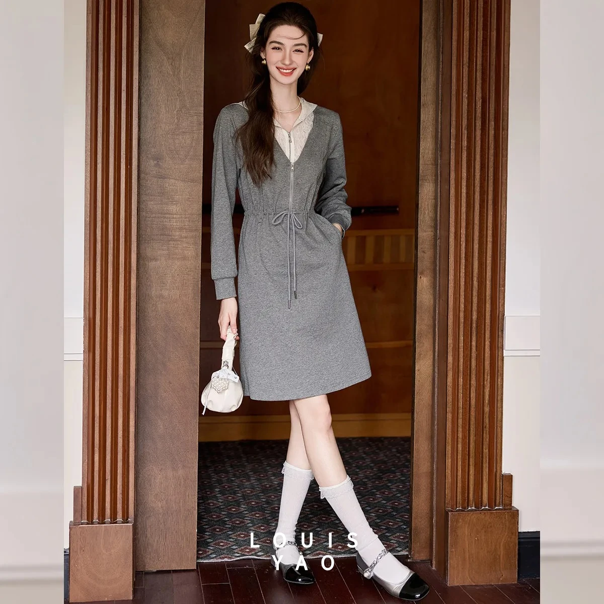 LOUISYAO Fake Two Piece Hoodie Dress Women 2025 Autumn Waist Drawstring Slightly Stretch Casual Streetwear Midi Dress