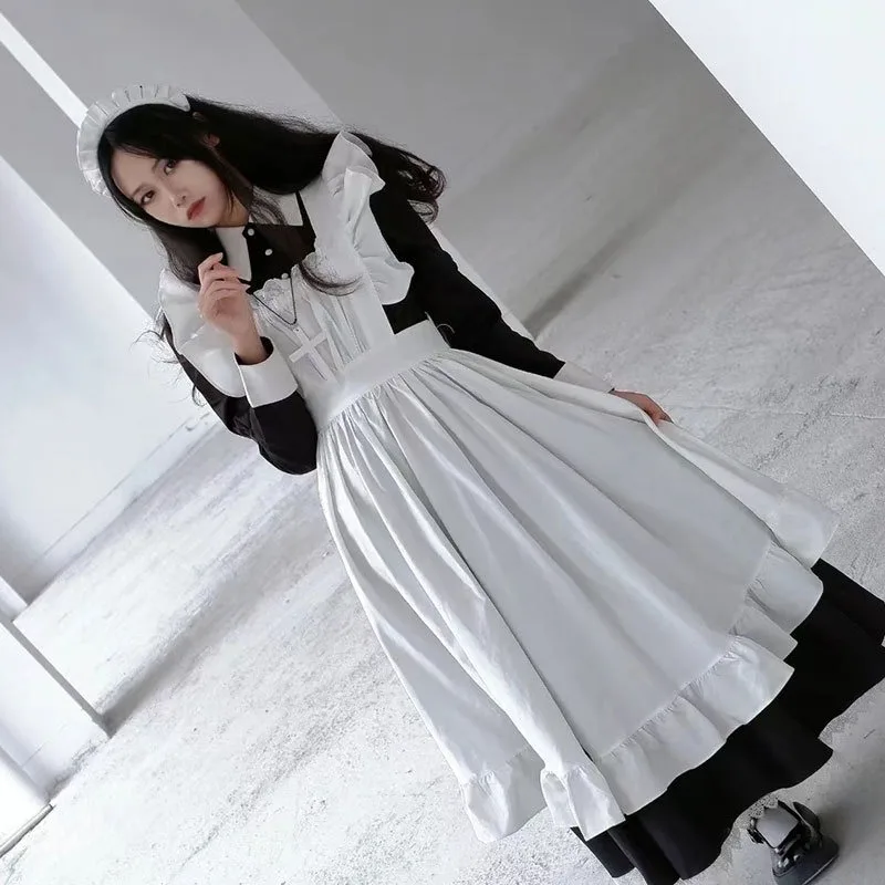 Maid Outfit Cosplay Restaurant Cafe Overalls Long Dress Black and White Maid Outfit Cos Conjunto Lolita  Lolita Blouse