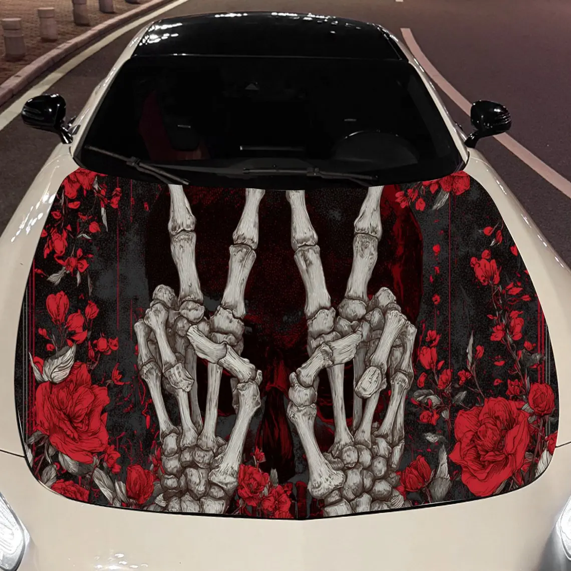 Edgy Skeleton Hands & Roses Car Hood Stickers - Self-Adhesive, Waterproof and Durable Vinyl Wrap, Decorate And Protect Your Car,
