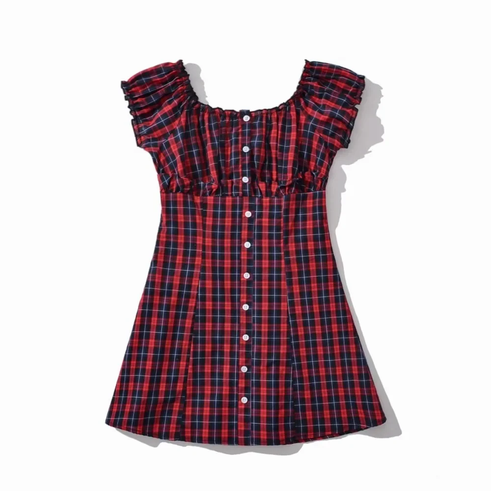 

2025 Summer Contrast Color Plaid Open Buttons Slash Shoulder Mini Dress Women Short Sleeve Slim Waist Dresses Holiday Robe Femme