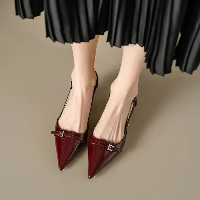 New Summer French Wine Red Pointed Patent Leather Mid-heel Overhead Sandals for Women Retro Skinny Heel Back Empty Shoes