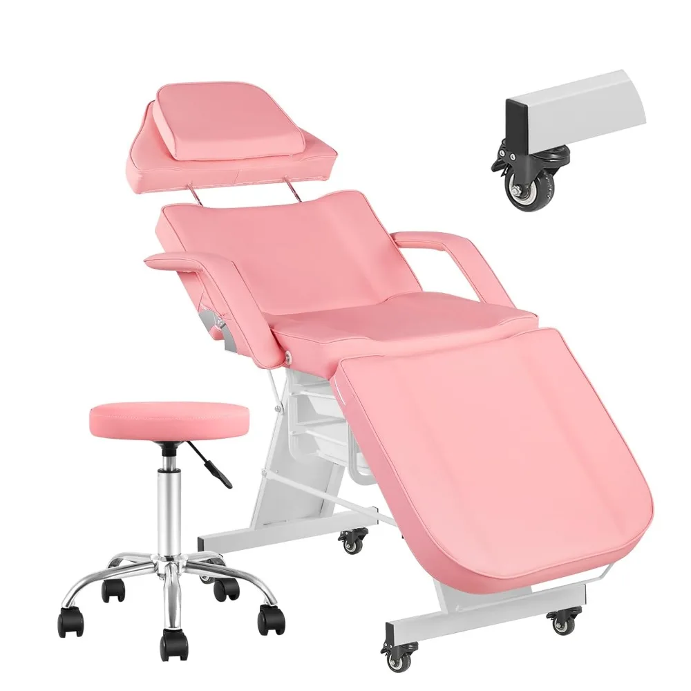 

Customer facial chair, wheeled facial bed, portable tattoo chair with hydraulic bench, and split L-shaped massage table