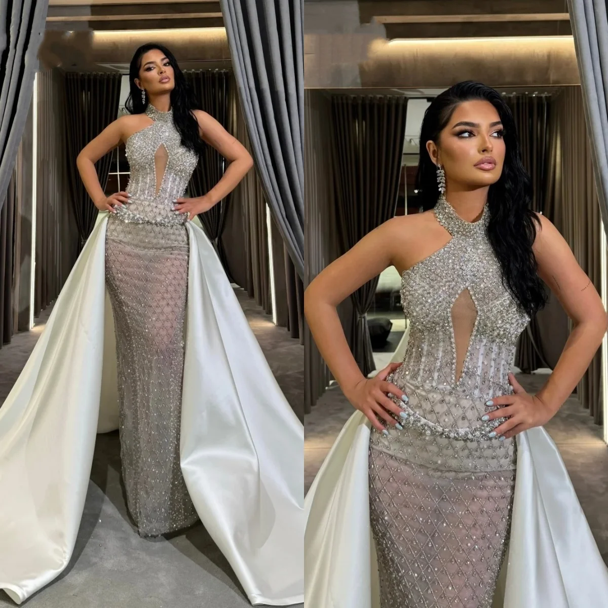 

Gorgeous Wedding Dresses High Neck Bridal Gowns Overskirts Pearls Rhinestone Sleeveless Mermaid Customized Vestidos De Novia