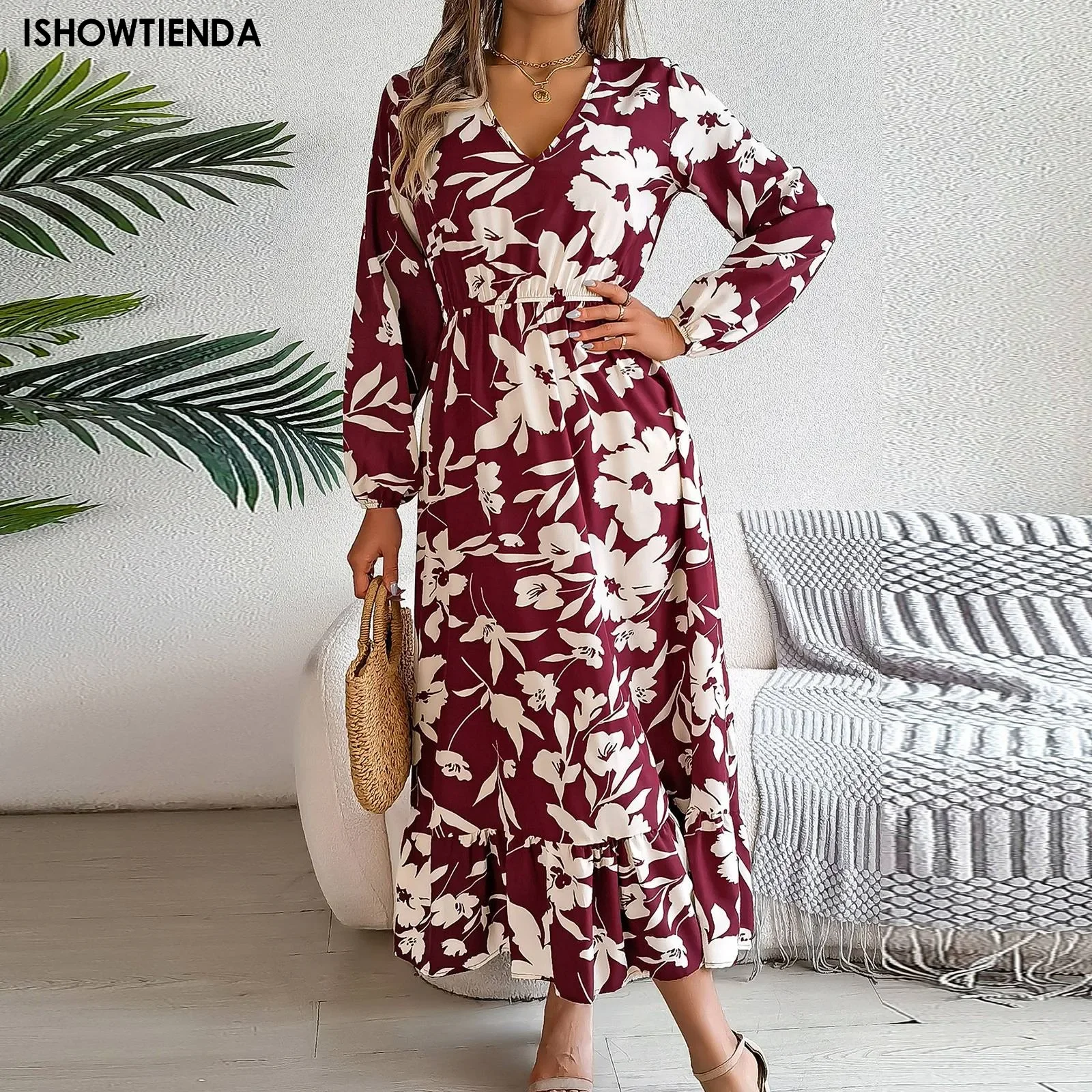 

New Fashion Dress 2024 Summer Dress Long Sleeve Print O-neck Vintage Plus Size Lady Vintage Floral Women Ruffle Sleeve Waist Dre