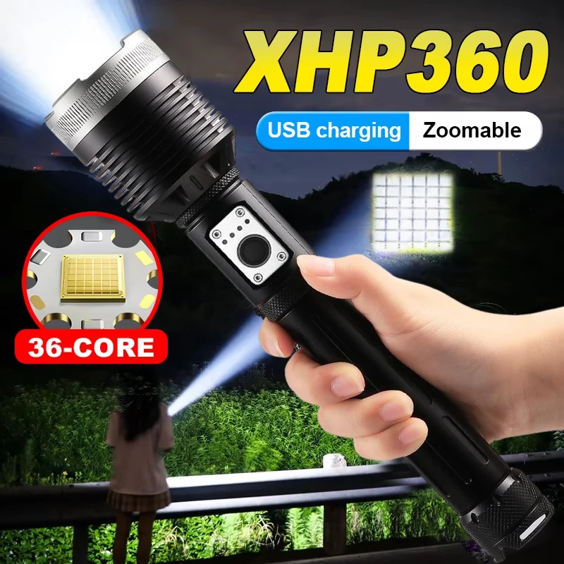 最も強力な-xhp360-充電式-led-懐中電灯トーチ戦術的なフラッシュライトズーム可能な狩猟ランタン防水ハンドランプ