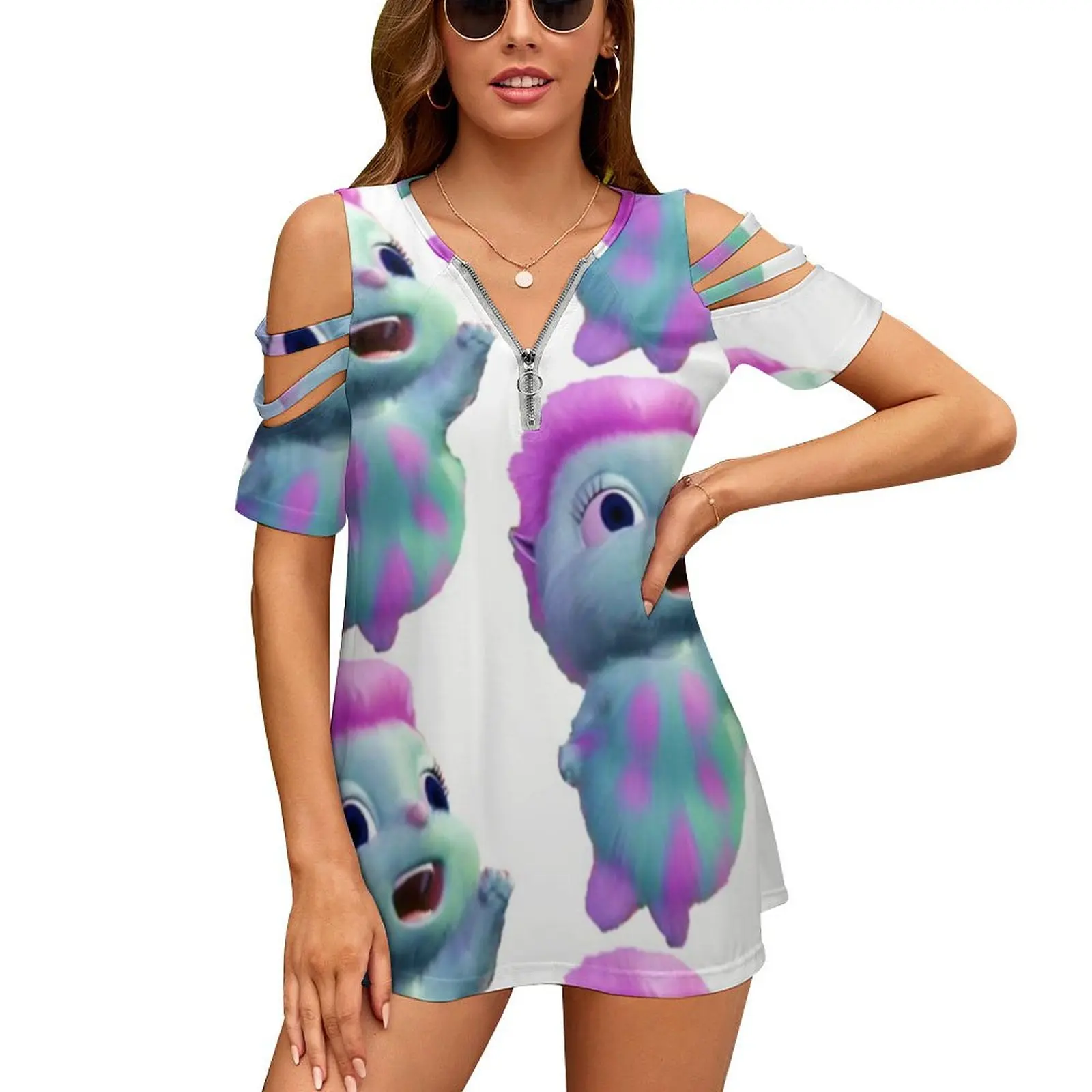 Bibble From Fairytopia™ Women's T-Shirt New Fashion Printed Zipper V-Neck Short Sleeve T Shirts Casual Plus Size Bibble
