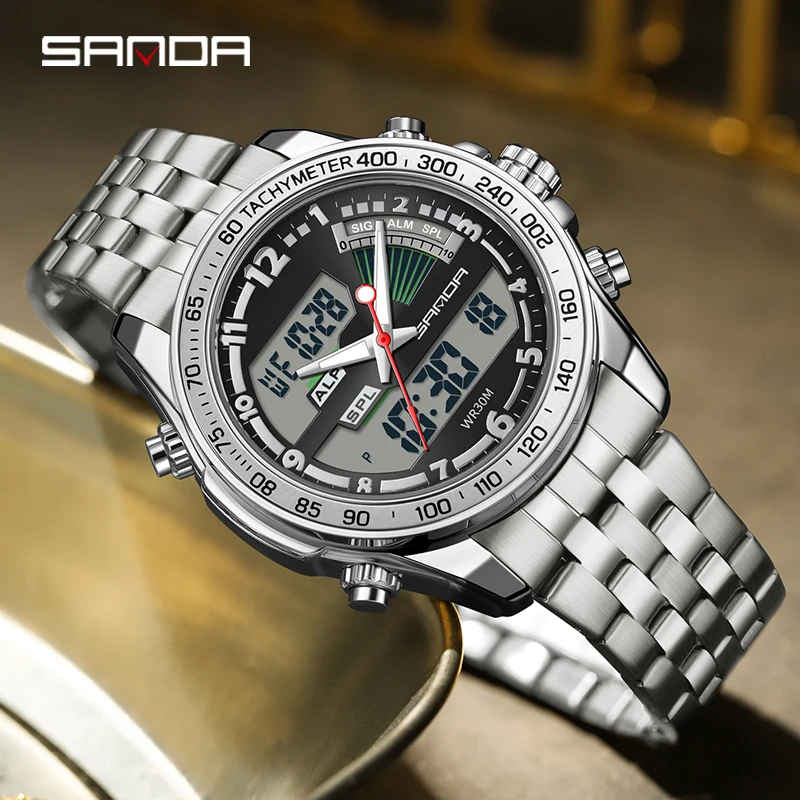 SANDA Top Luxury Men Quartz Watches Fashion Casual Sport LED Electronic Luminous Dual Display Waterproof Men Business Watches
