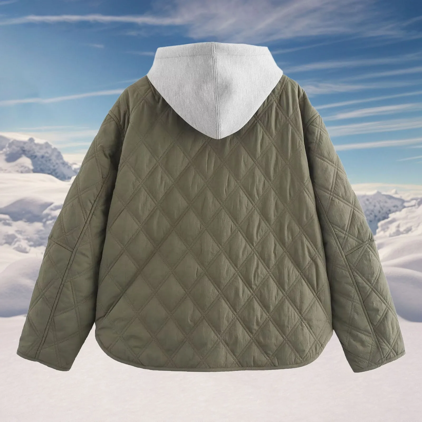 Women's Bomber Jacket Crop Quilted Jacket Green Hooded Padded Jacket Long Sleeve Zip Up Jacket Warm Winter Woman Coat