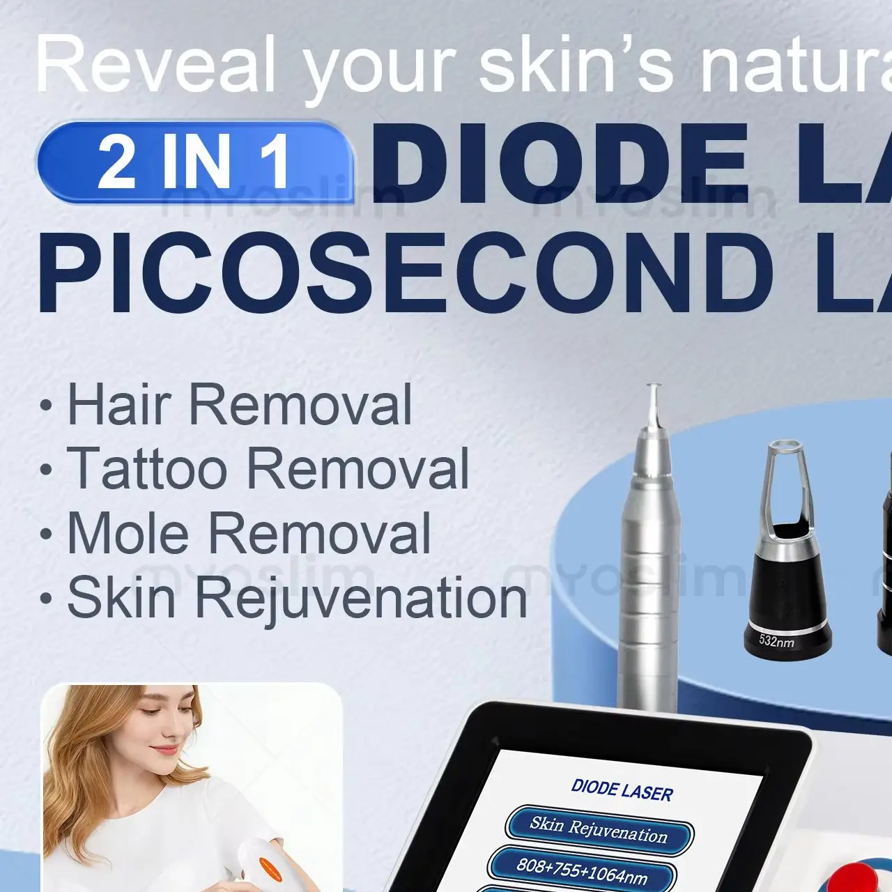 

Picosecond Diode 2 in 1 Hair Removal Machine Diode Nd yag Tattoo Removal 4 Wavoval 755 808 940 1064nm epilation