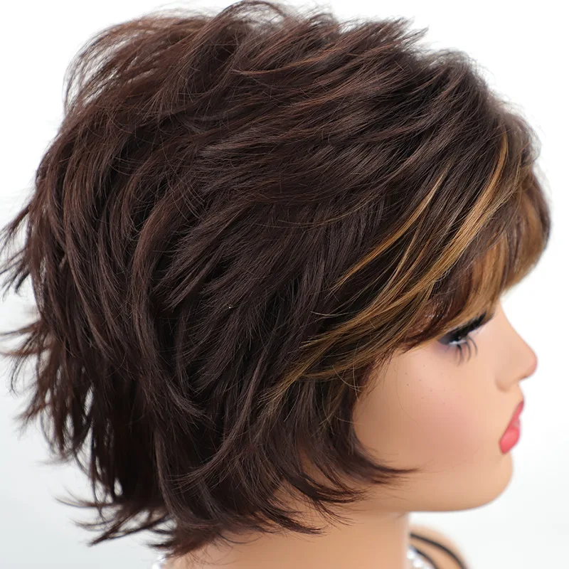 Golden side parting dark brown Women's Short Curly Wig - Full Head Side Part Bangs Synthetic Wig