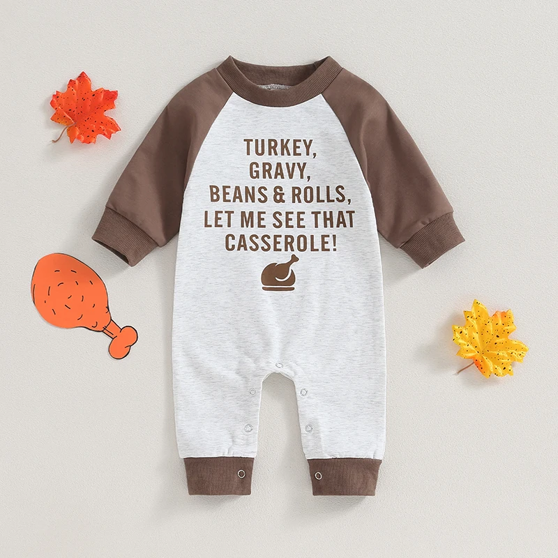 

2023-08-01 Lioraitiin 0-18M Baby Boys Thanksgiving Casual Romper Long Sleeve Letter Print Contrast Color Jumpsuit