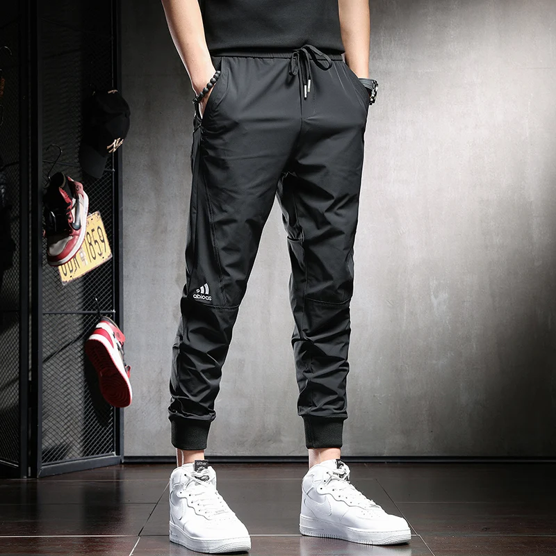 

Летние мужские повседневные брюки из ледяного шелка, облегающие, быстросохнущие, спортивные, модные, универсальные, тонкие, со средней посадкой, для молодежи