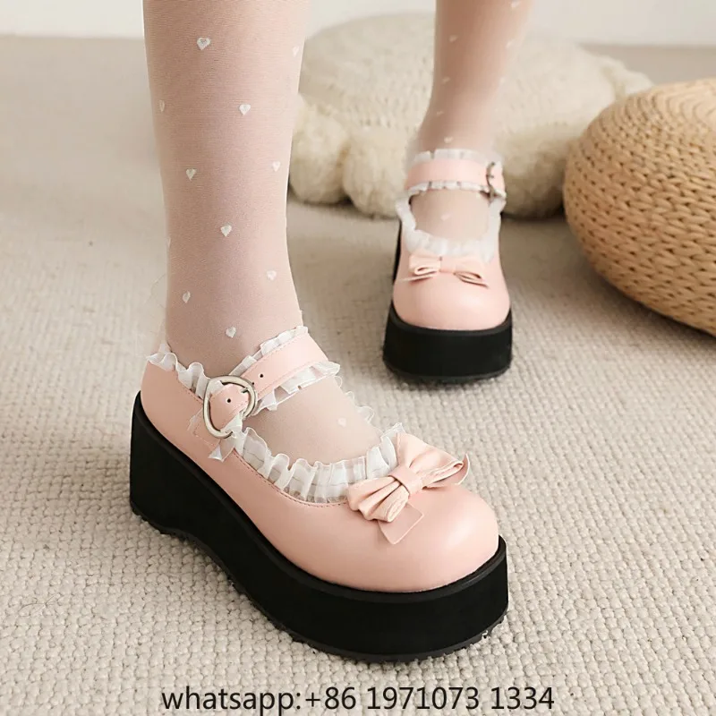 Women Men Cosplay Shoes Sweet Lolita Ruffles Bowknot Lace Bridal Wedding Girls Wedges Heel Princess Dress Pink Black Big Size 48