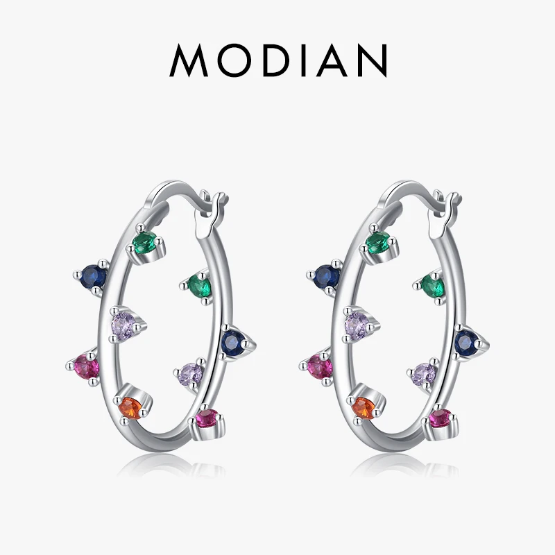 Modian 925 Sterling Silver Multicolour Trendy Zirconia Ear Buckles Luxury Fashion Hoop Earrings for Women Birthday Fine Jewelry