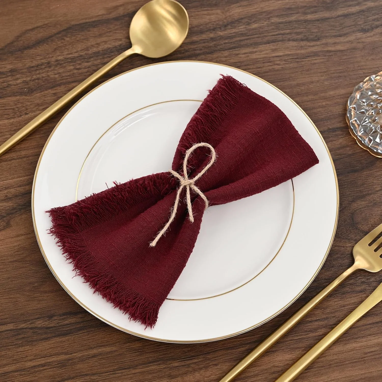 20pcs 32x32cm Christmas Burgundy Gauze Cotton Cloth Napkins Reusable Tea Towel Wedding Party Table XMS Decor Retro Burrs Napkins