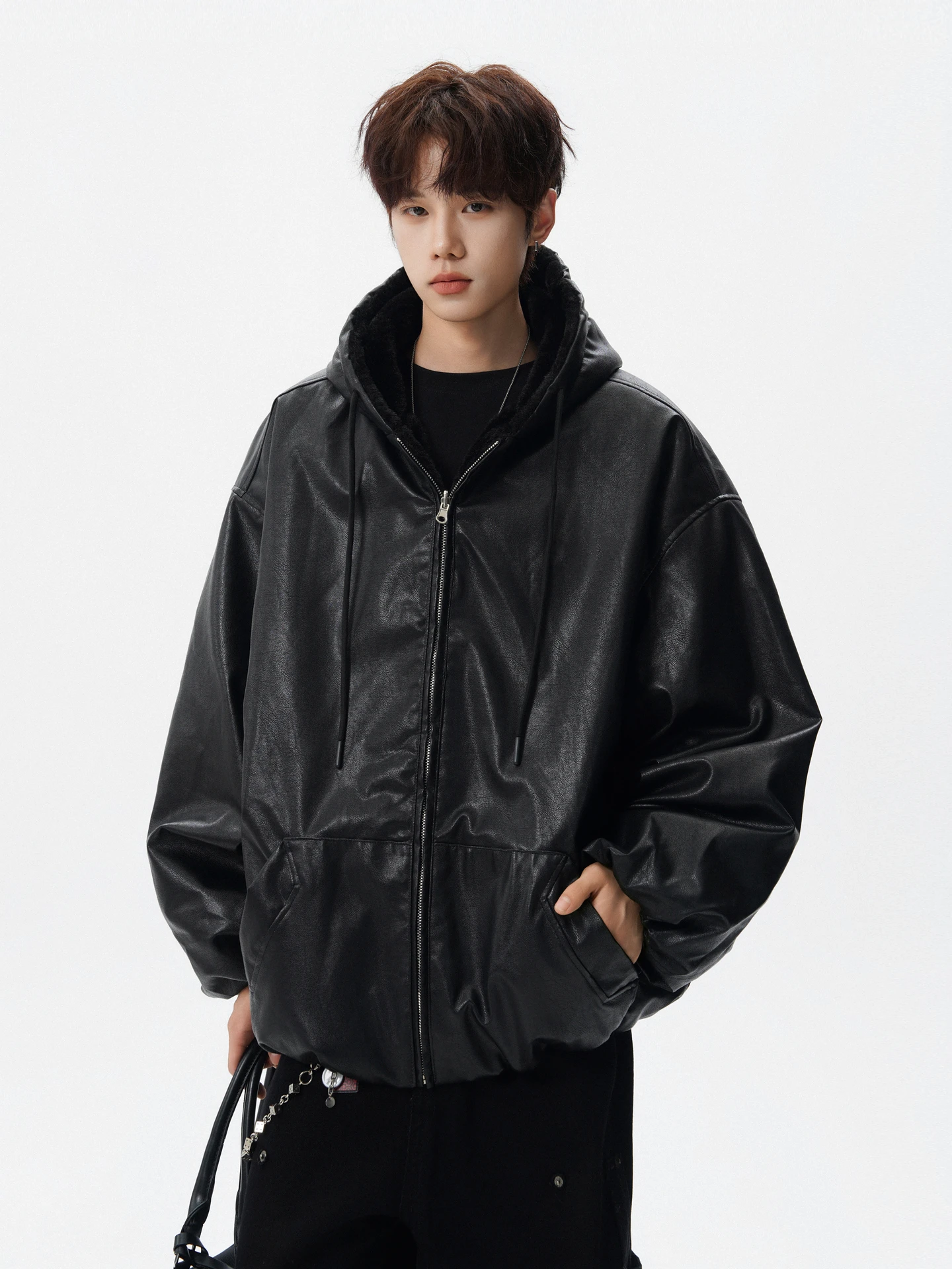 

Warmth And Sle Men's Double-Sided Wear PU Leather Moto Jaet Hooded Cotton Coat Thiened Long Sve Zipper Closure ...