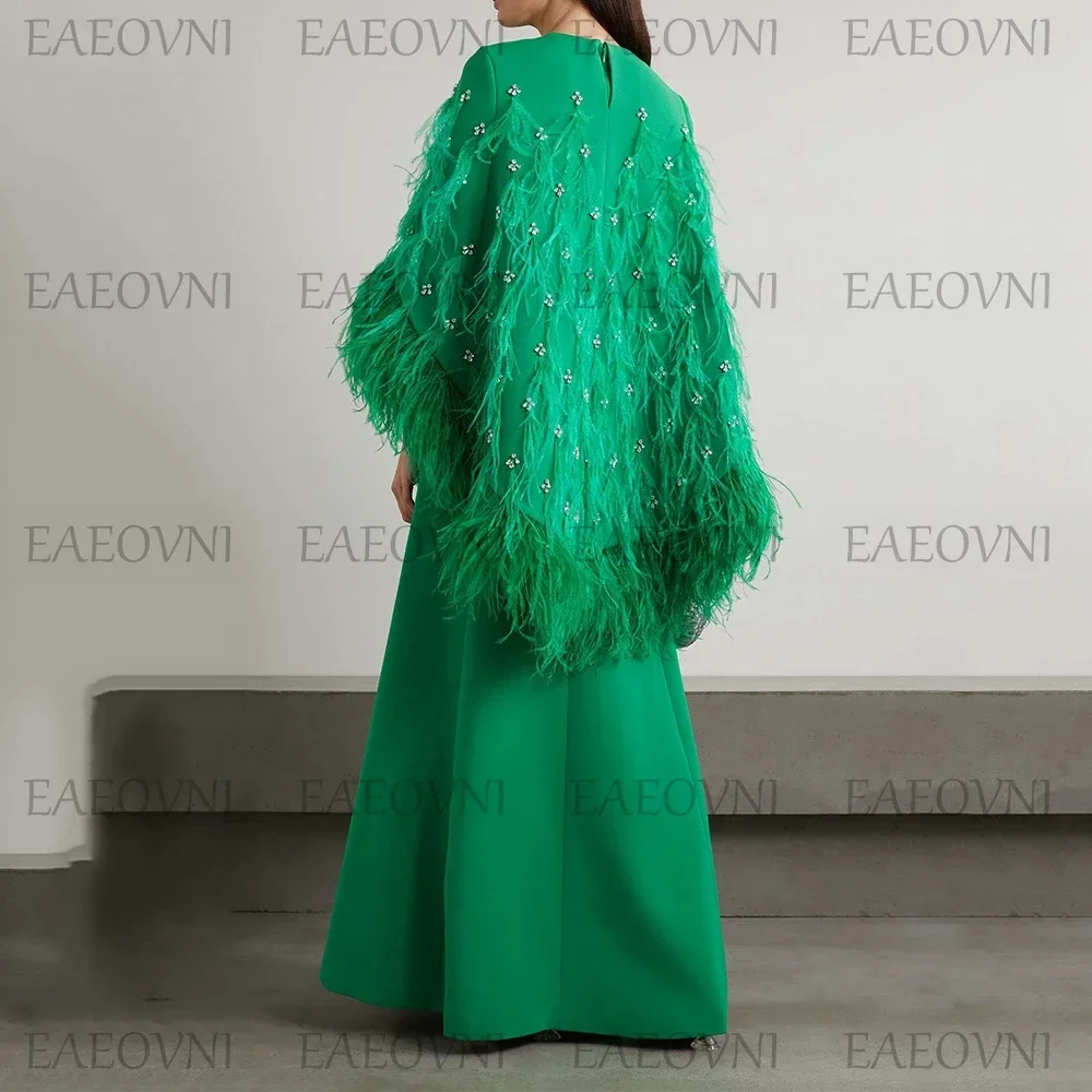 Customized Exquisite Green Prom Dresses Round Floor-Length Feathers Rhinestone Women Evening Dress Celebrity Banquet Party Gowns