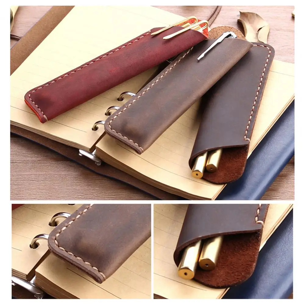 Handmade Reusable Anti-drop Vintage Style Faux Cowhide Pen Protective Bag Pen Protective Holder Office Supplies