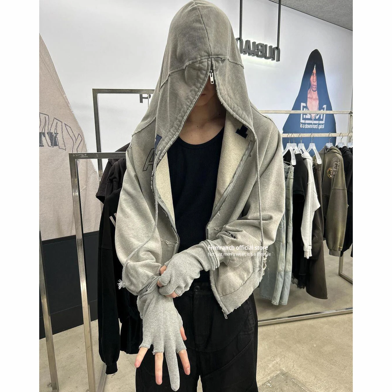 Firmranch New Shark Head Mask Hooded Jackets With Gloves For Men Women Loose Zip Up Hoodies Streetwear Grey Cotton Sweatshirt