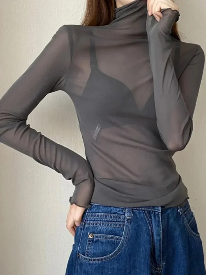 2024 Spring Summer Women\'s Sexy See Through Mesh Blouse Long Sleeve Transparent Turtleneck Shirt Fashion Women Tops