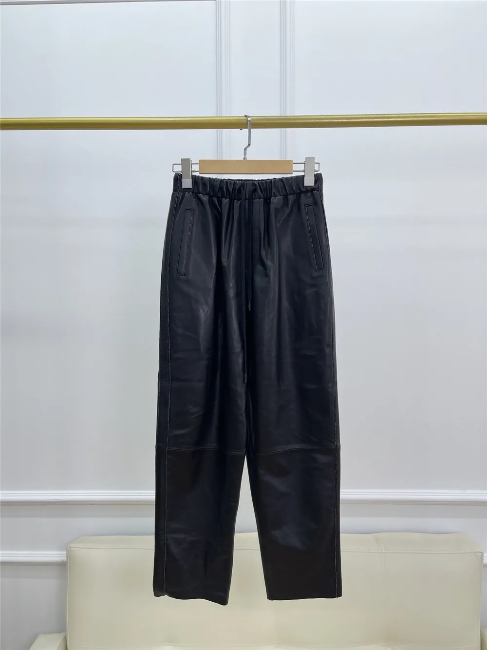 Imported Sheepskin Skinny Pants For Women Elastic Waist Casual Harem Leather Trousers