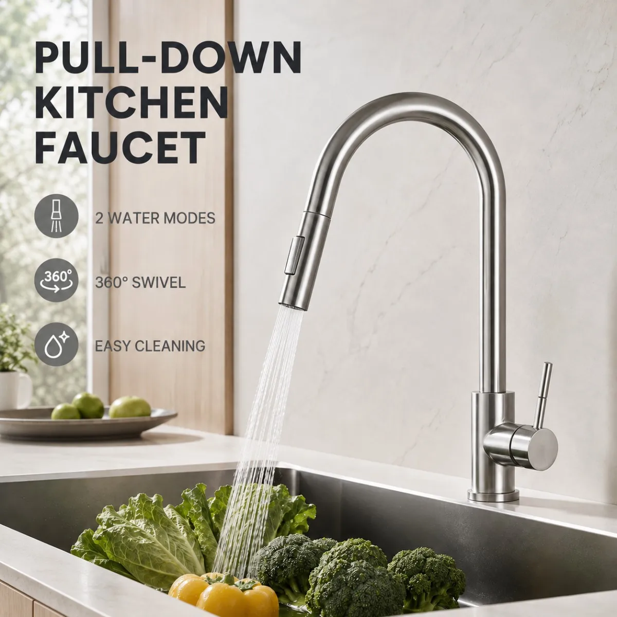 Kitchen Faucet Stainless Steel Brushed Faucet Kitchen Sink Faucet Pull-out Kitchen Water Faucet Single Hole Faucet