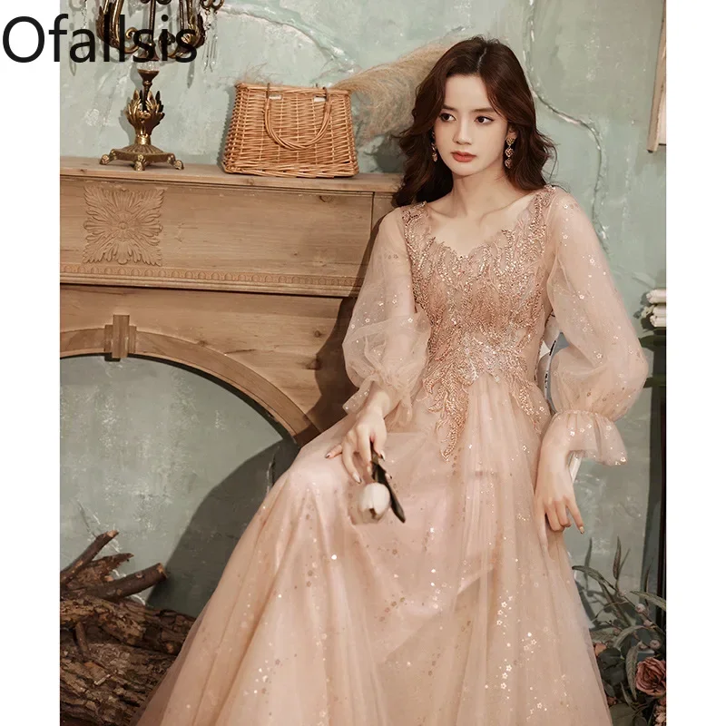 Ofallsis V neck Flare Sleeve Evening Dress Female 2023 Autumn New Host High End Banquet Style Long Sleeve Princess Pink Dresses