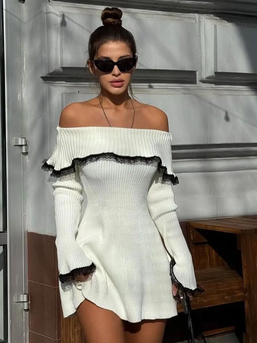 2024 Sexy Women\'s Mini Knitted Dress One line Neck Shoulder Clip Long Sleeve Slim Fit Knitted A-line Dress Evening Party Vestido