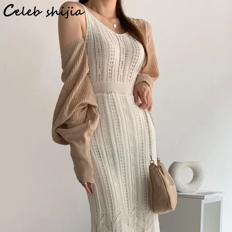 White Knitting Dress Wome Summer Tank Sleeve Streetwear Vintage Elegant Knit Bodycon Dress Sleeveless Hook Clothing Loose